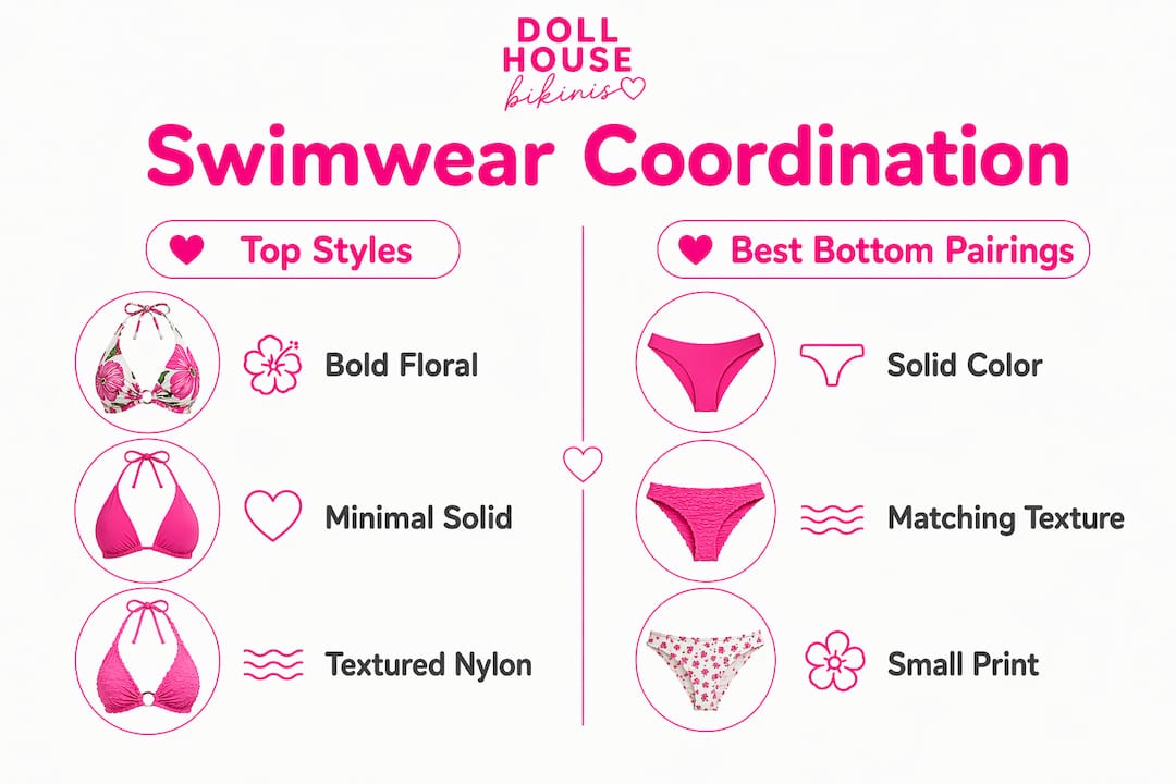 Infographic comparing swimwear top styles and bottom pairings