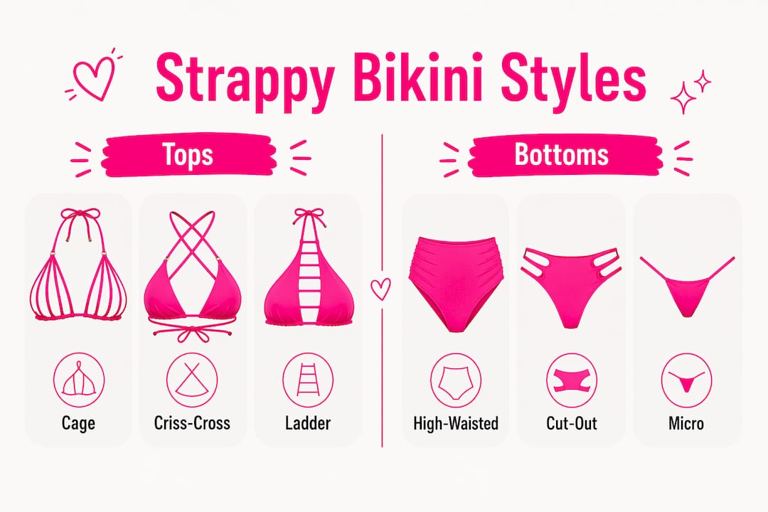 Infographic comparing strappy bikini styles