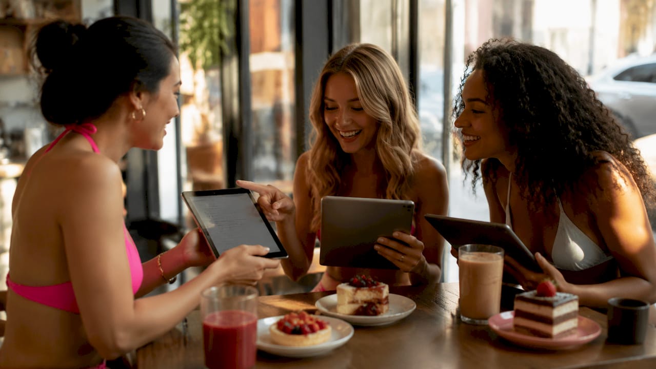 Friends browsing online swimwear sale at home