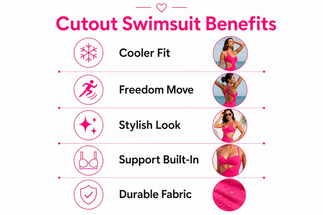Infographic illustrating functional benefits of cutout swimsuits