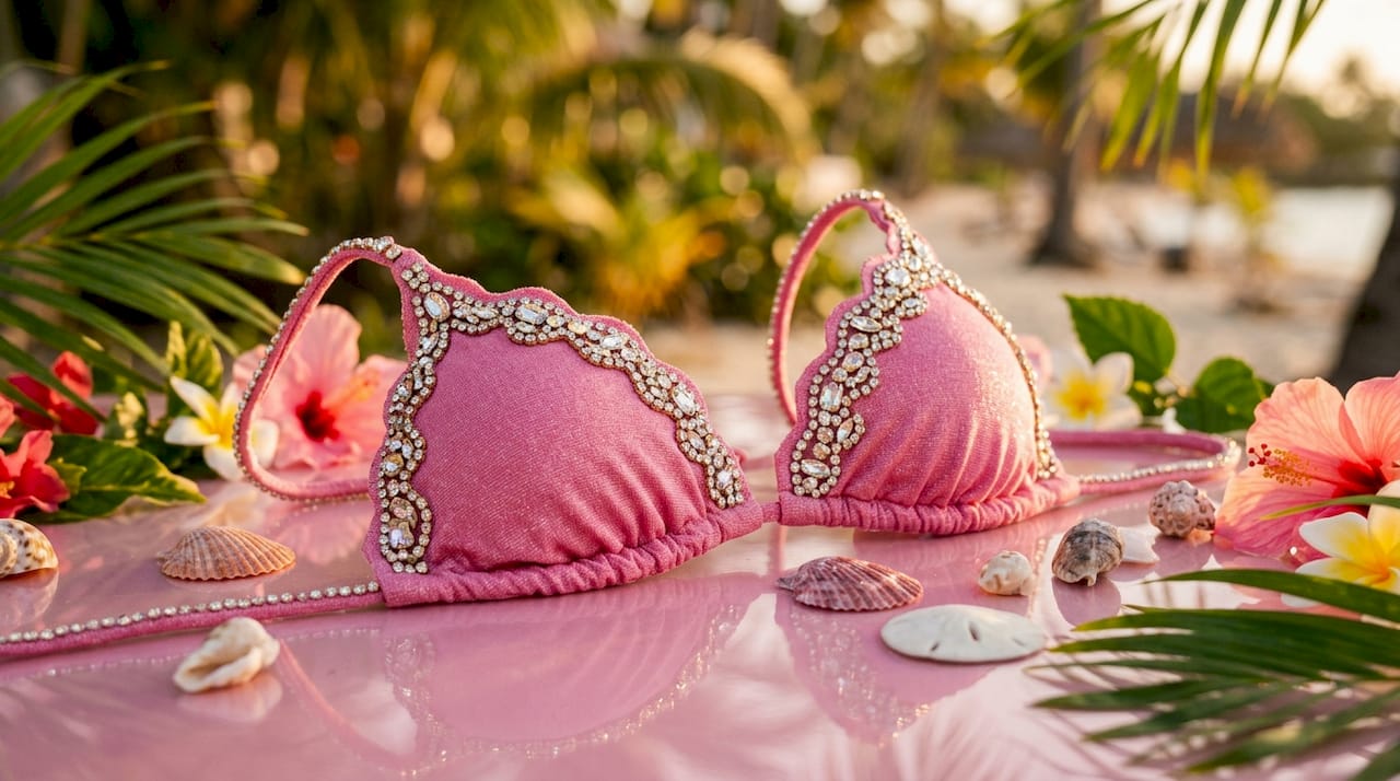 Close-up view of crystal-embellished bikini top