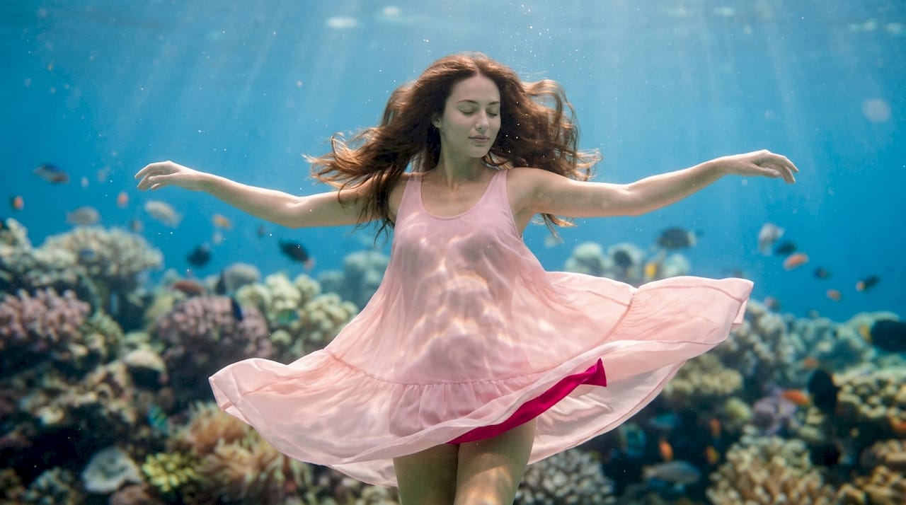 Model in flowing swimwear underwater with fabric movement