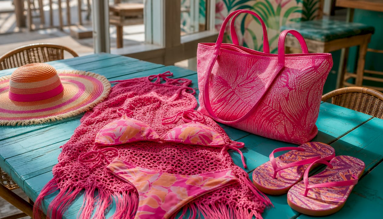 Coordinated swimwear pieces and accessories flat lay