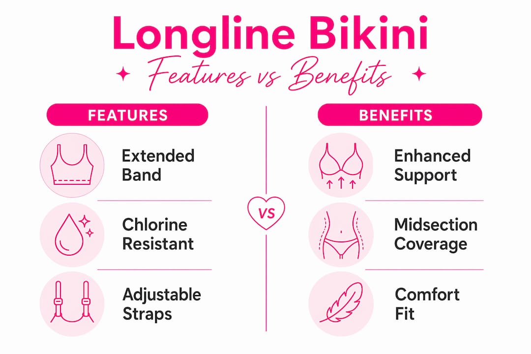 Infographic comparing features and benefits of longline bikini tops