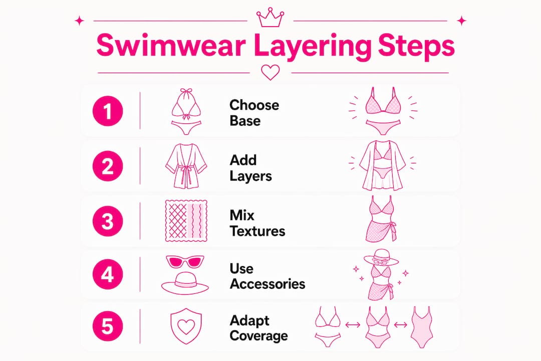 Infographic illustrating layering swimwear steps for style and sustainability