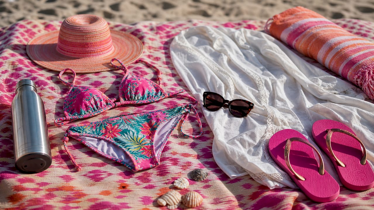 Beach capsule wardrobe flat lay arrangement