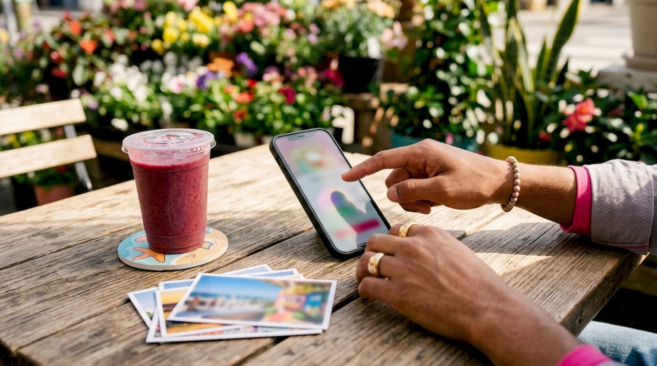 Hands enrolling in swimwear loyalty program via phone