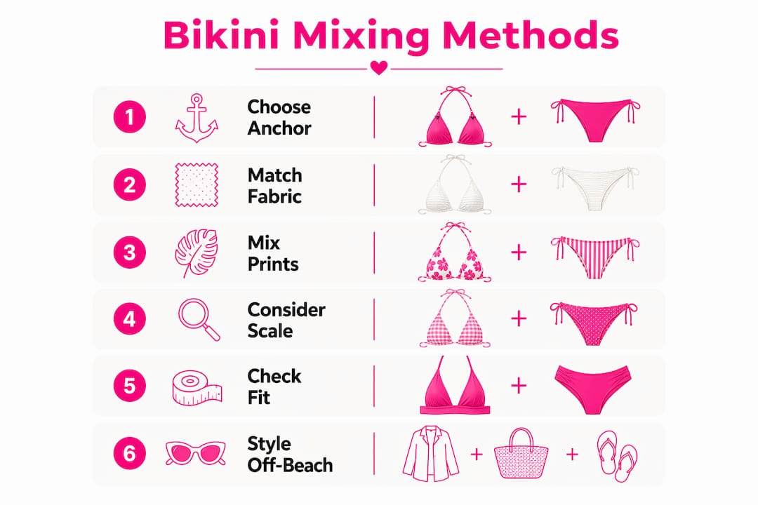 Infographic showing key steps for mixing bikini sets