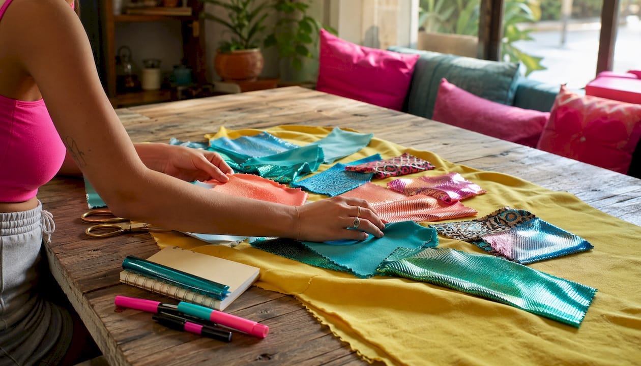 Hands comparing bikini fabric swatches