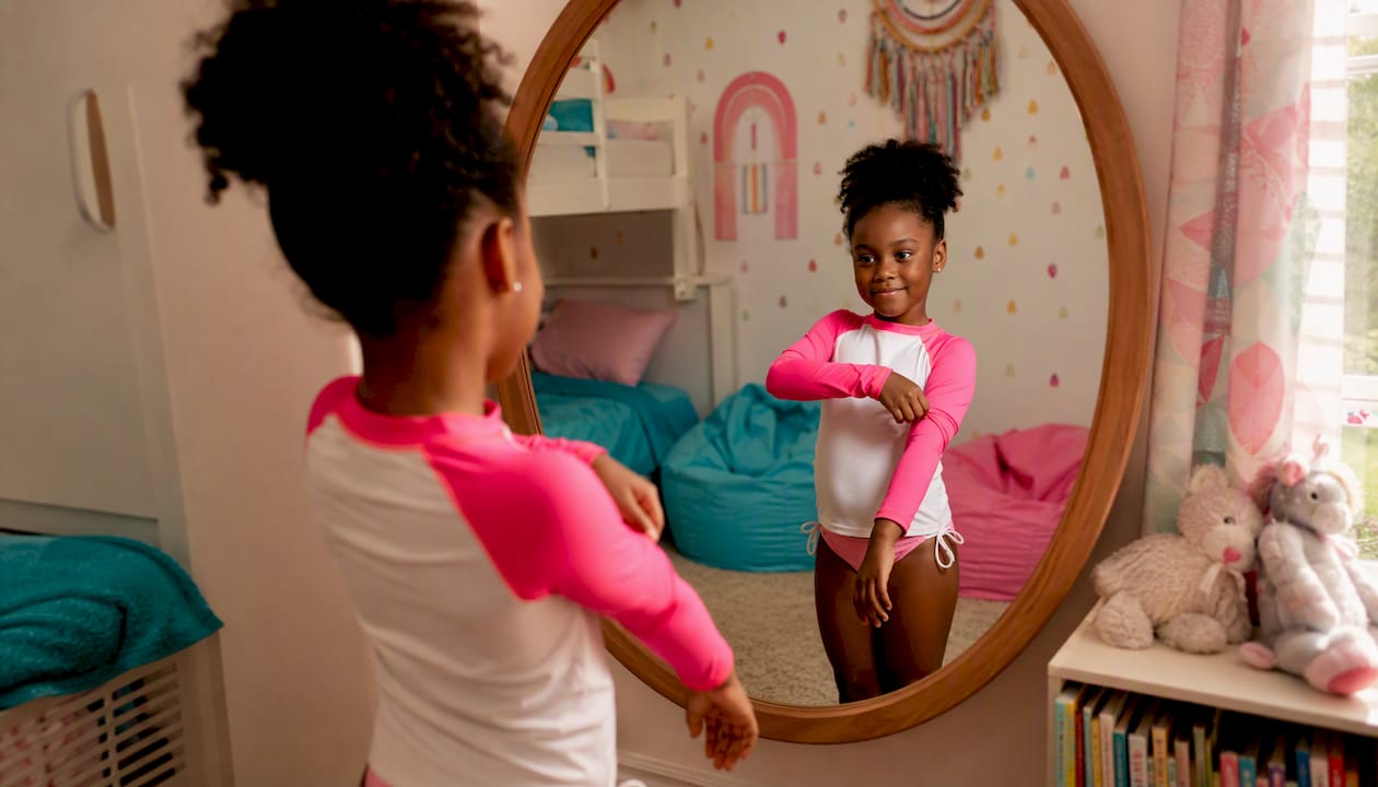 Child trying on UPF rashguard at home