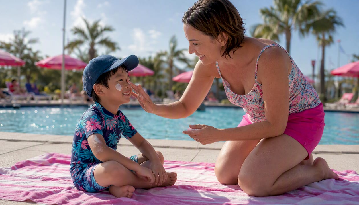 Mother applying sunscreen to child in UPF swimwear