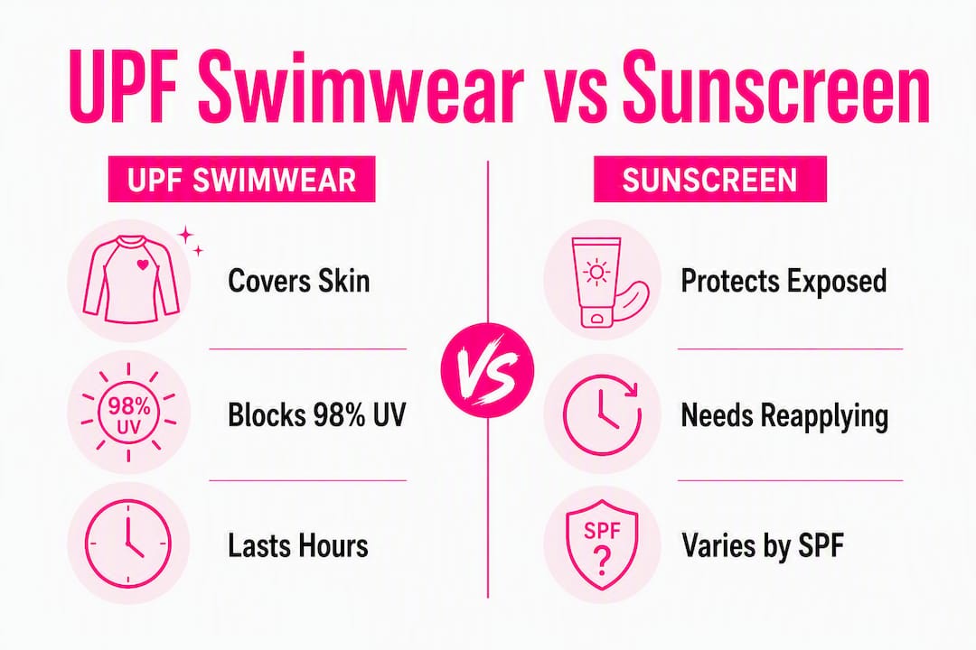 Infographic comparing UPF swimwear and sunscreen protection