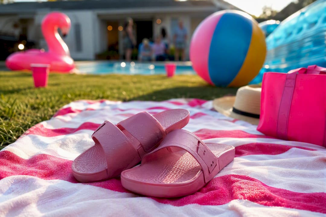 Waterproof sandals on pool deck with grass background