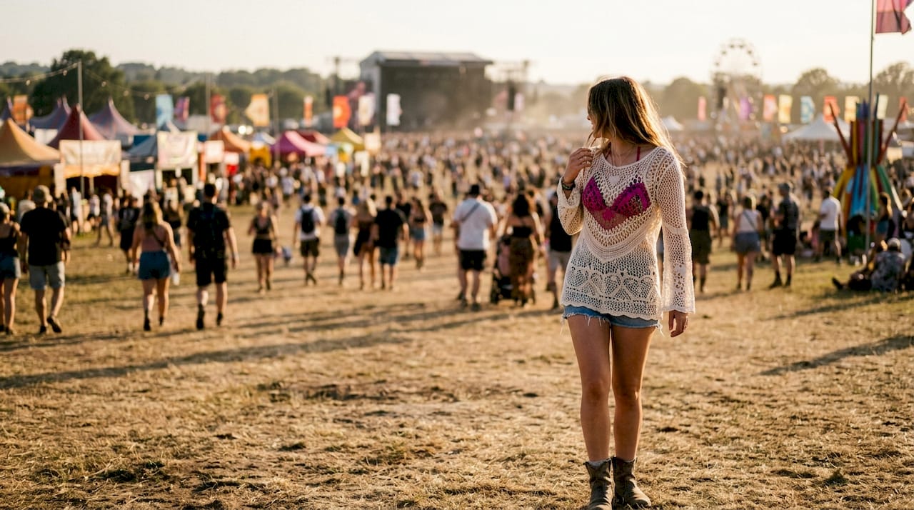 Woman wearing cream crochet coverup over bikini