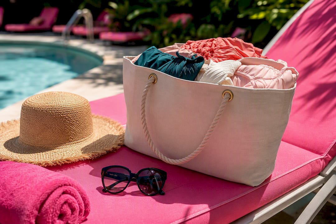 Travel bag packed with pastel and jewel tone bikinis