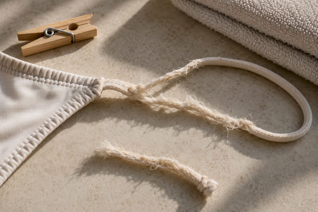 Frayed tie and stretched swimwear fabric