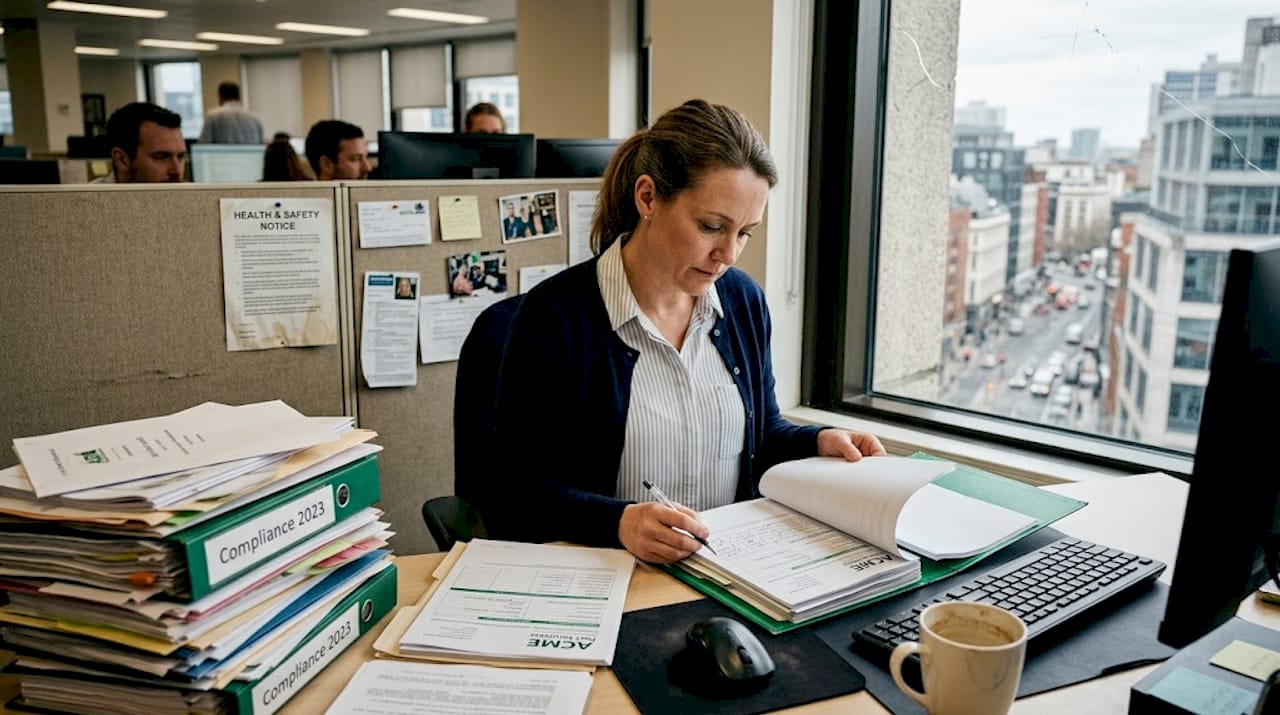 Facilities manager reviews pest control paperwork