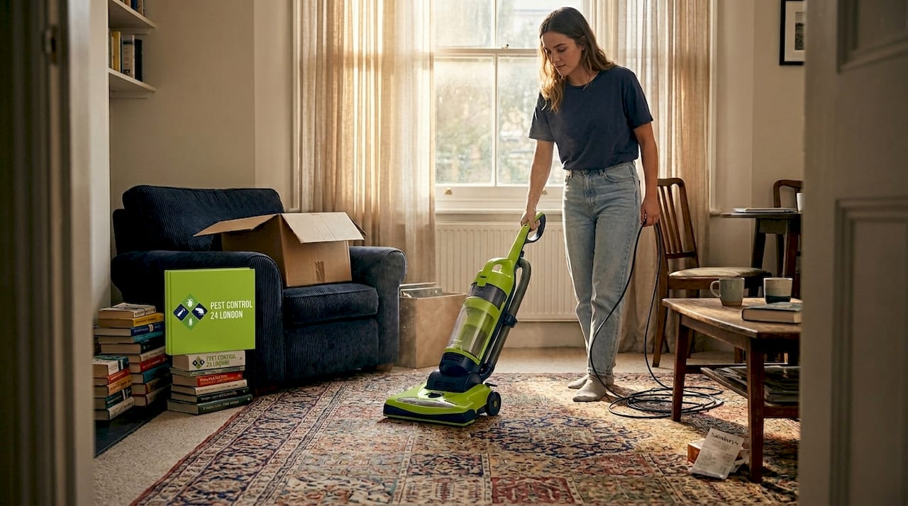 Vacuuming cluttered London living room