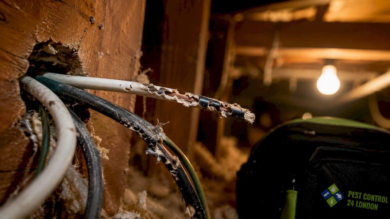 Damaged electrical wiring chewed by rodents
