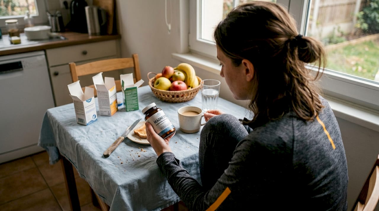 Una mujer consulta un suplemento mientras está en la cocina.