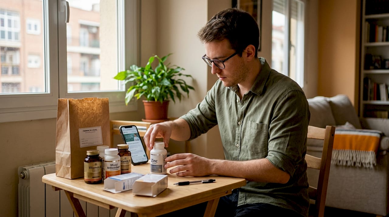 Un joven coloca cuidadosamente sus suplementos de zinc y vitamina, asegurándose de tener todo listo para su rutina diaria.