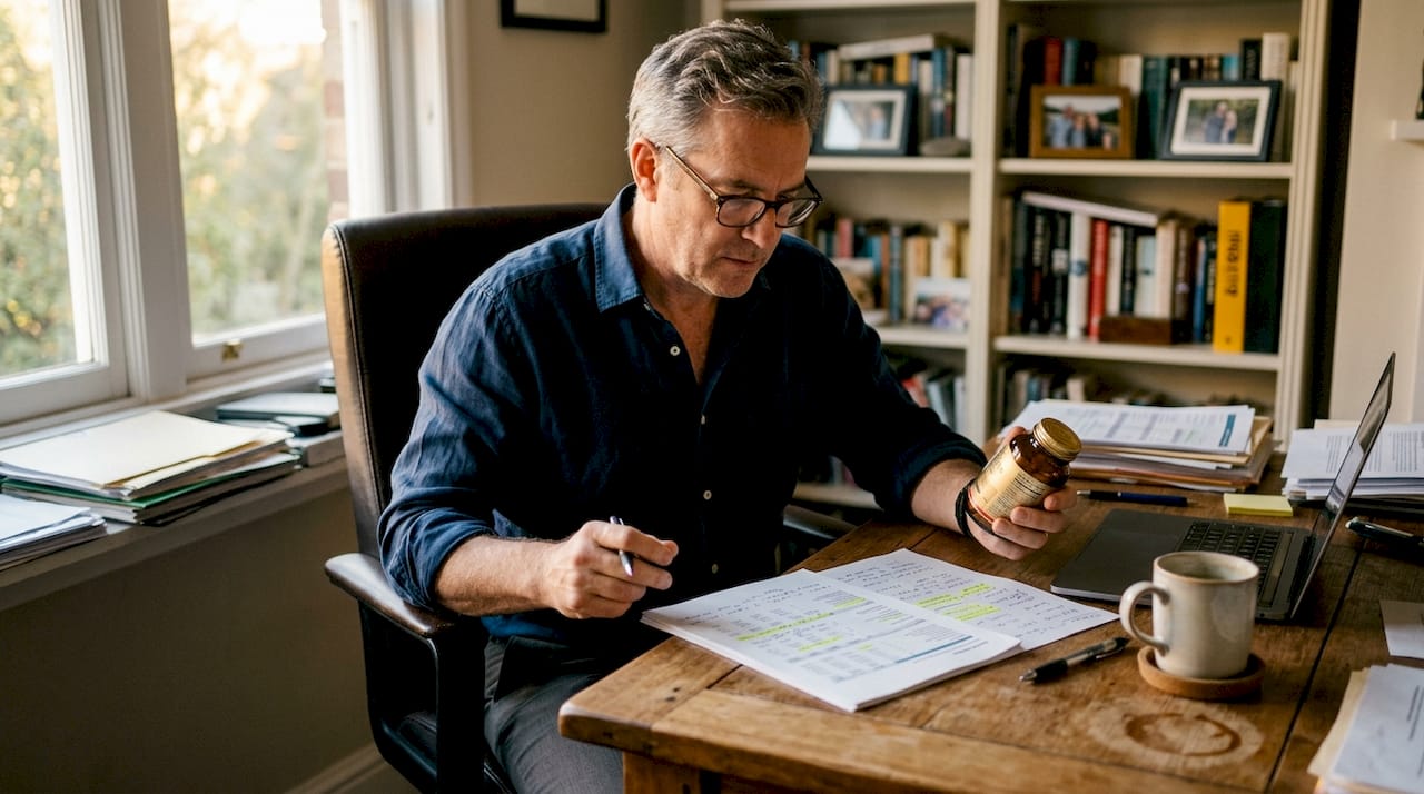 Un hombre examina un bote de suplementos Solgar sobre su escritorio.