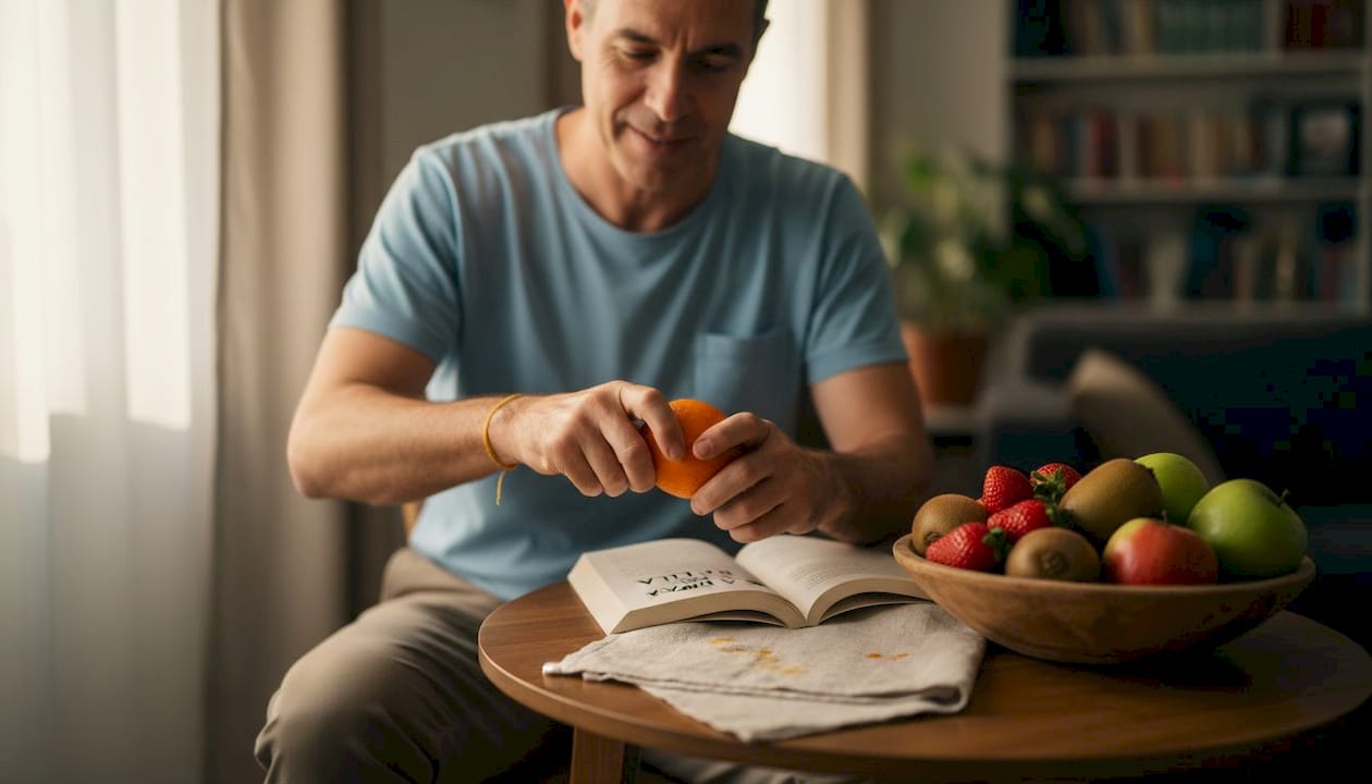 Un hombre está pelando una naranja mientras a su alrededor hay distintas frutas frescas.