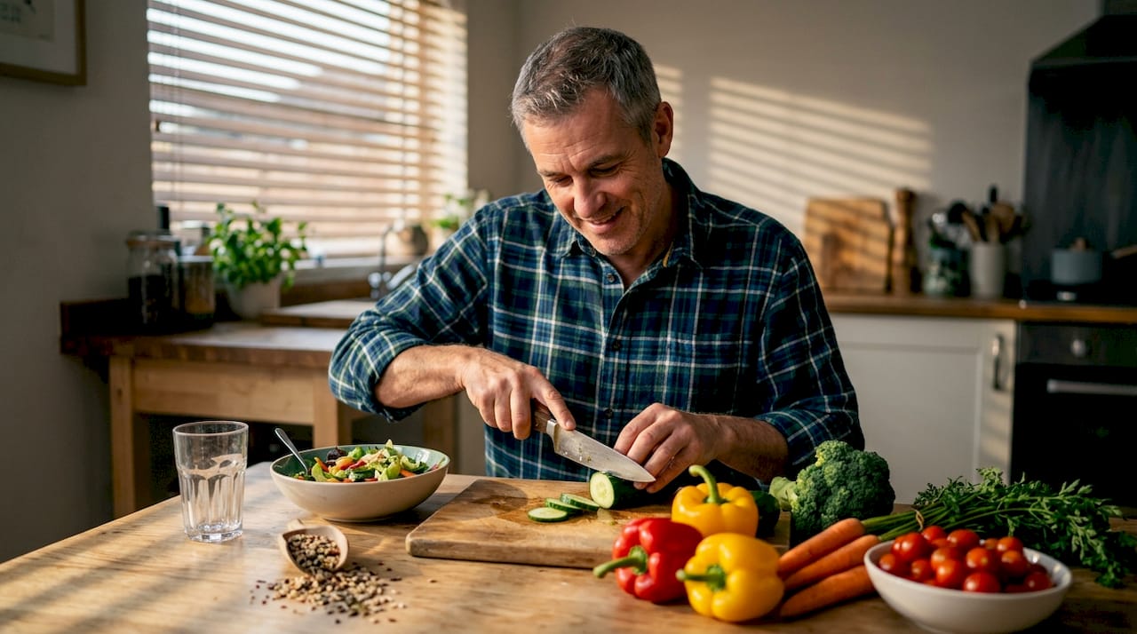 Un hombre corta y prepara verduras frescas para hacer una ensalada.