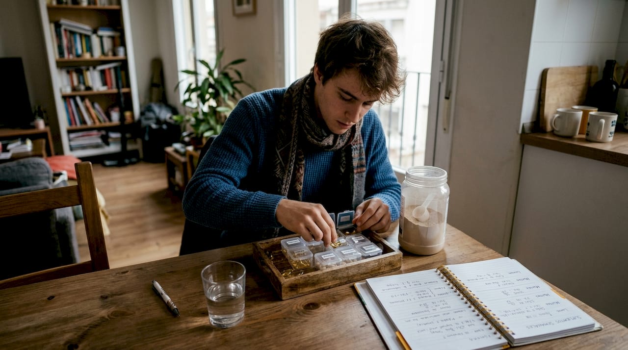 Un hombre organiza sus pastillas de suplementos en un pastillero