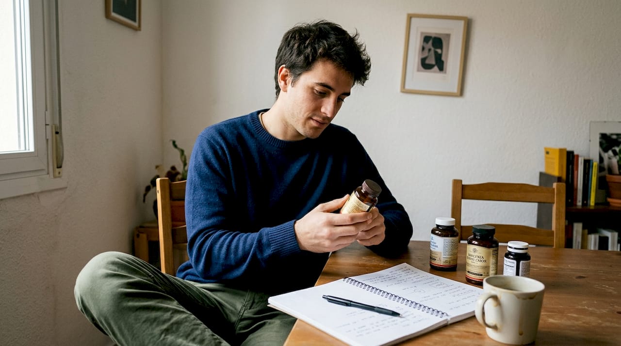 Botes de suplementos sobre la mesa del comedor