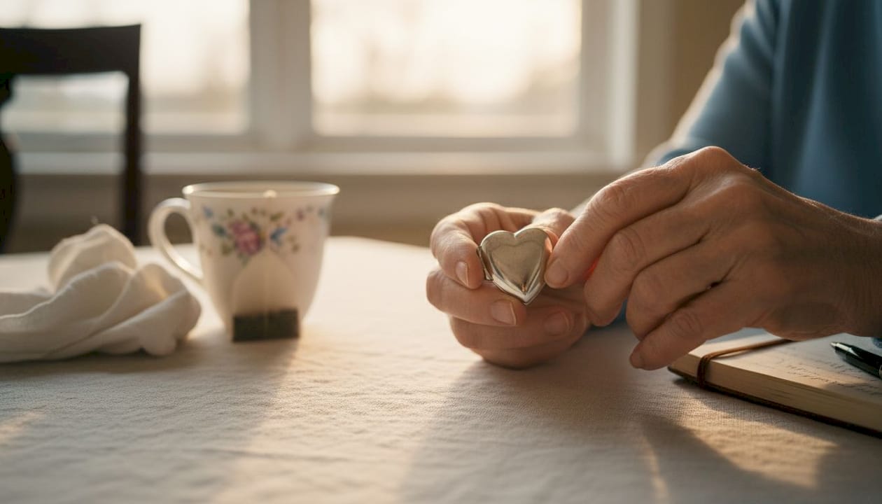 Elderly hands holding memorial locket