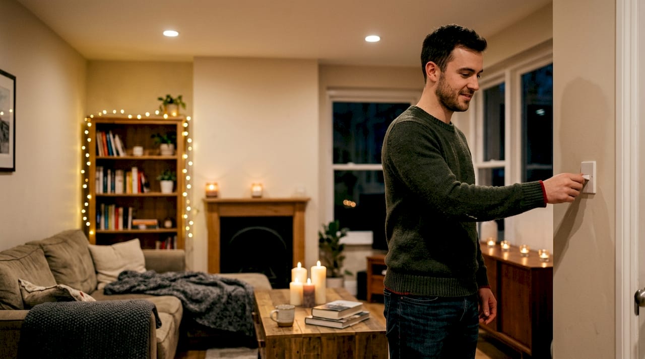 Cozy living room with layered lighting and candles