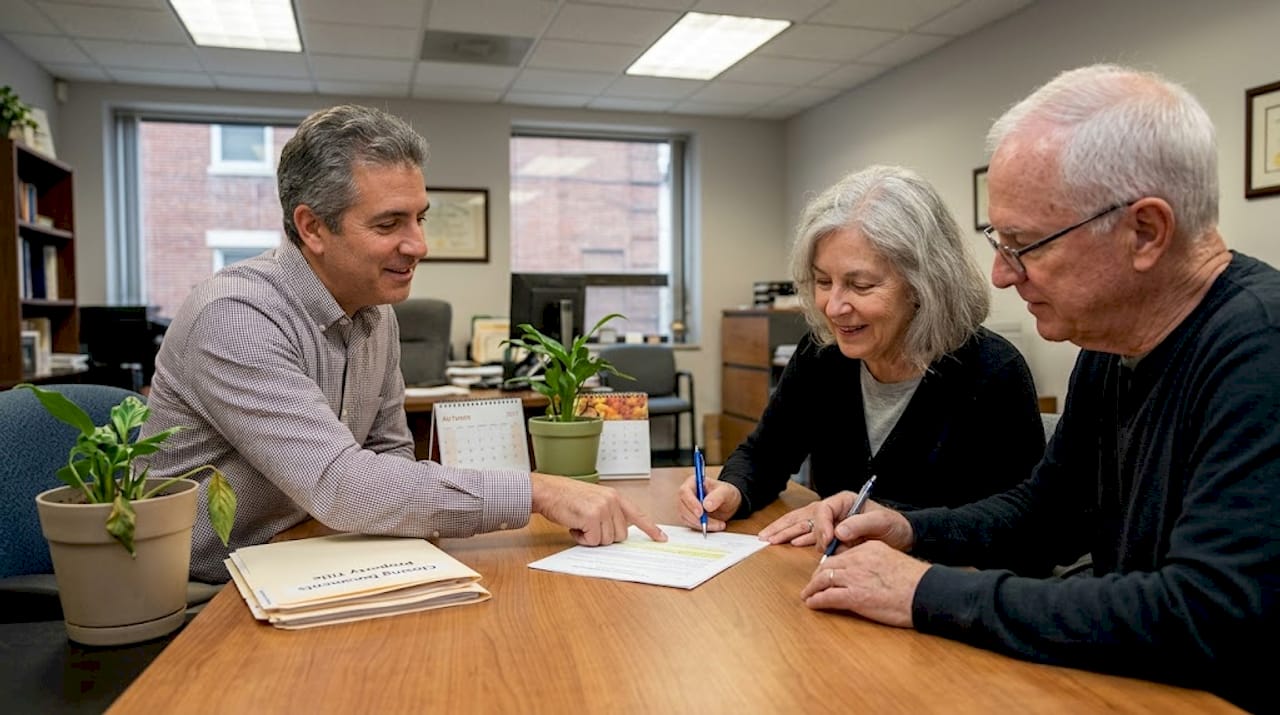 Couple signs closing papers at title office