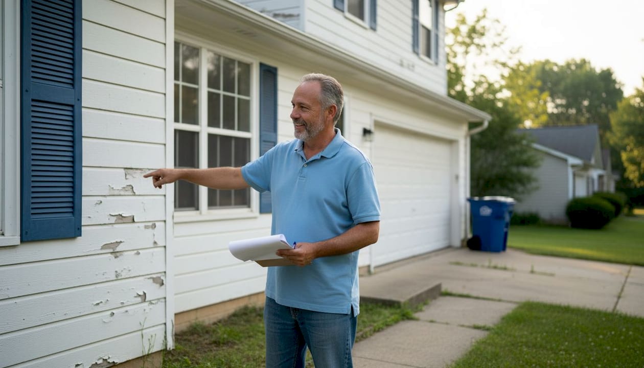 Homeowner inspecting exterior property damage