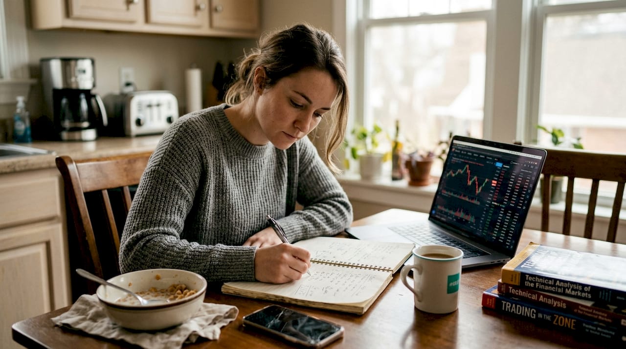 Woman planning trading strategy in kitchen
