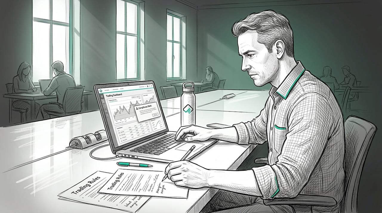 Man reviewing trading compliance workspace