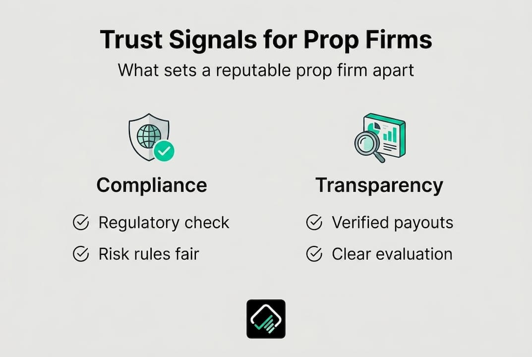 Infographic showing key trust signals for prop firms