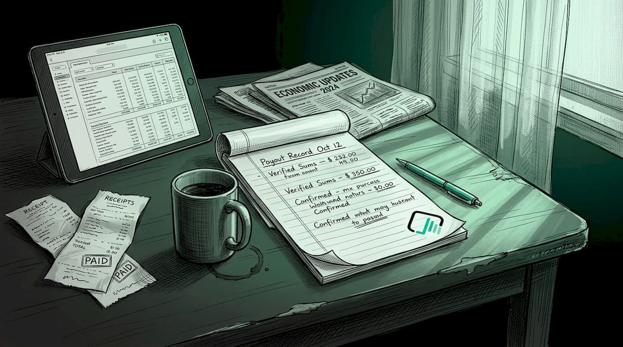 Trader checks payout records at kitchen table
