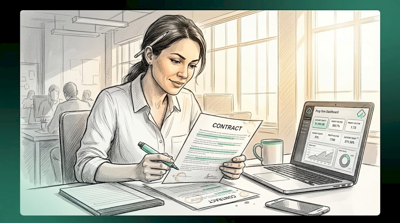 Woman reviewing trading rules documentation