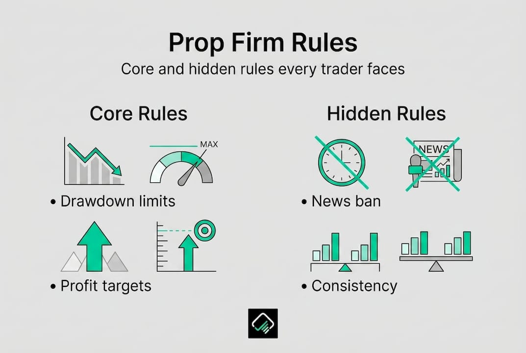 Infographic outlining core and hidden prop firm rules