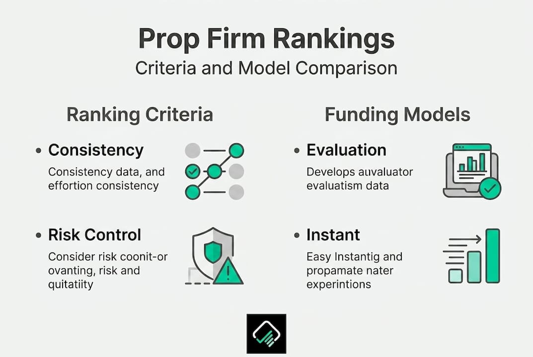 Infographic showing prop firm ranking criteria and models