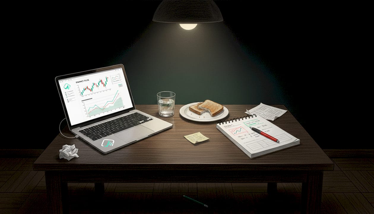 Swing trader reviewing trading charts at kitchen table