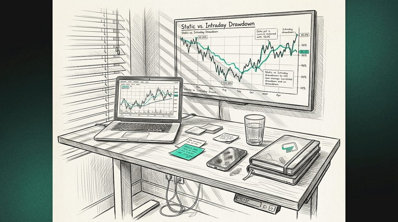 Trader reviewing risk drawdown chart at desk