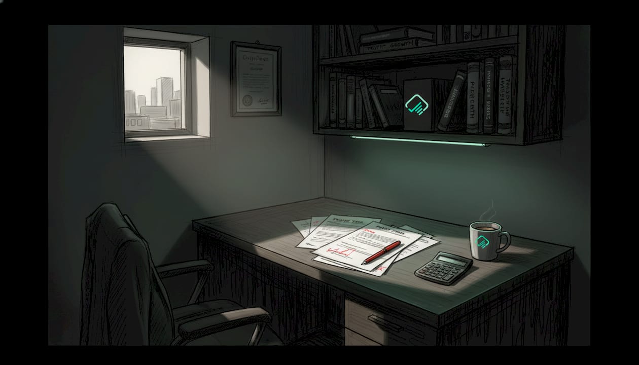 Trader reading payout agreement at home desk