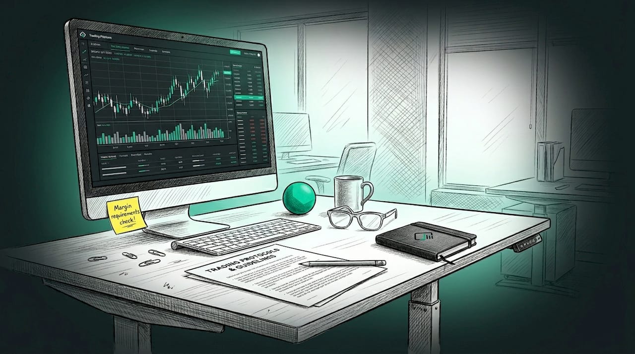Trader reading challenge rules at desk