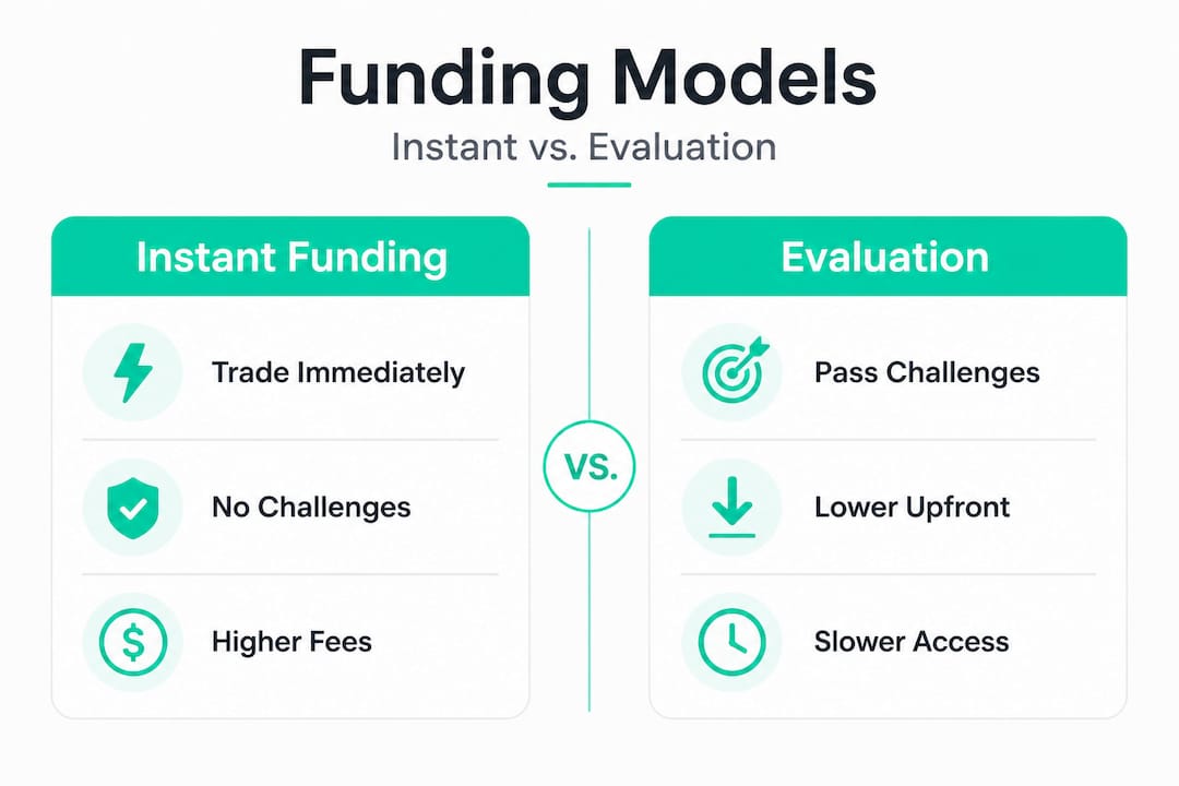 Infographic comparing instant funding and evaluation models