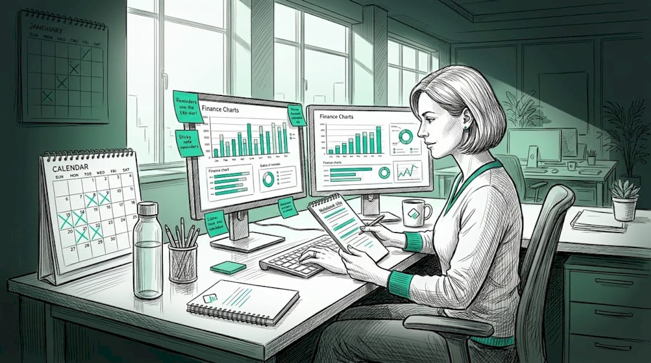 Trader cross-checking risk management notes at desk