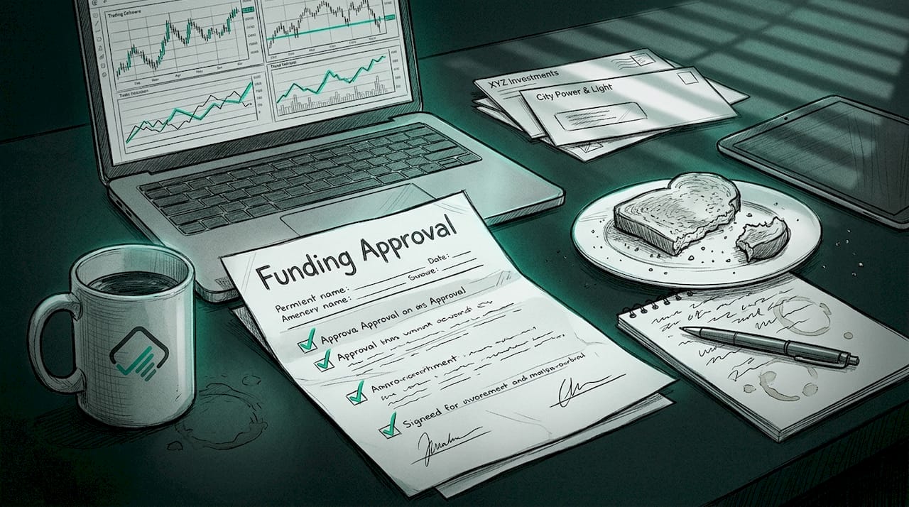 Trader reviewing funding approval at kitchen table