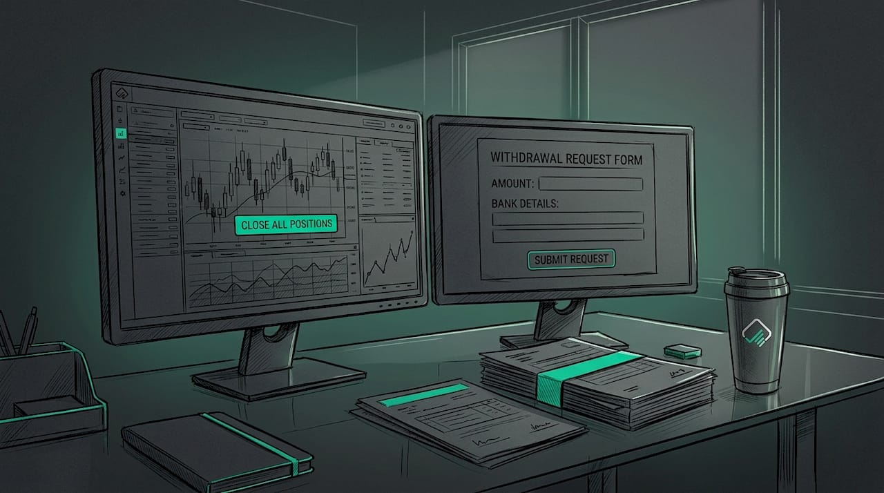 Trader reviewing account flatness before withdrawal