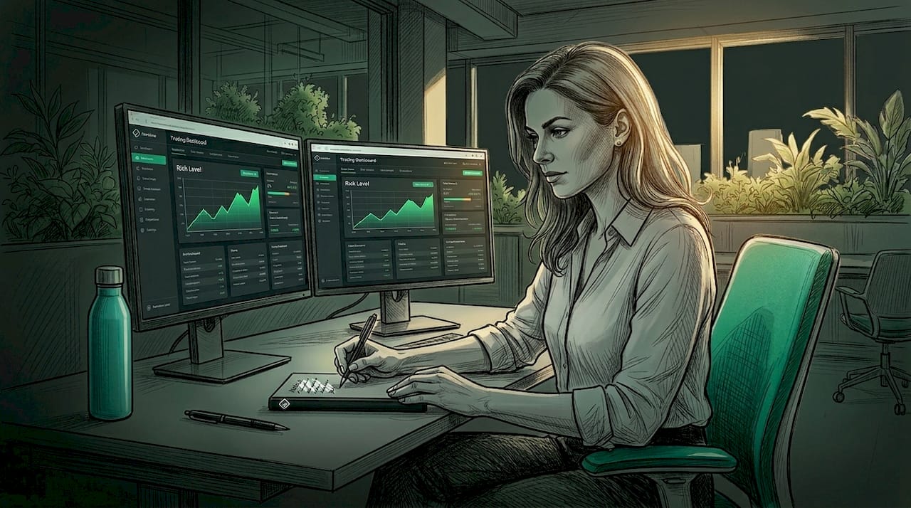 Woman trader reviewing risk controls workspace